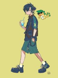 Rule 34 | 1boy, ajaw (genshin impact), alternate costume, alternate hairstyle, black hair, black shoes, commentary request, cup, disposable cup, drinking straw, ear piercing, full body, genshin impact, green eyes, green shorts, hair between eyes, hand in pocket, highres, holding, holding cup, jewelry, kinich (genshin impact), looking at viewer, male focus, multicolored hair, piercing, shiro chan46, shirt, shoes, shorts, simple background, socks, sweatband, vest, walking, white socks, yellow background