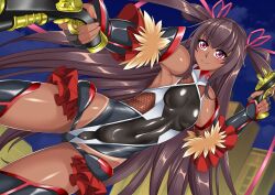 1girl armpits bare_shoulders black_gloves black_leotard black_thighhighs breasts brown_hair closed_mouth commentary_request covered_navel cowboy_shot dark-skinned_female dark_skin dual_wielding dutch_angle fishnet_leotard fishnets frilled_leotard frills gauntlets gloves gun hair_between_eyes hair_ribbon hand_up highres holding holding_gun holding_weapon impossible_clothes impossible_leotard leotard long_hair mizuki_yukikaze night one-piece_tan outdoors pink_eyes pink_ribbon ribbon showgirl_skirt sidelocks skindentation small_breasts smile solo standing taimanin_(series) taimanin_suit taimanin_yukikaze tan tanline thighhighs very_long_hair wavelevel5 weapon
