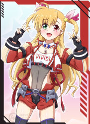 asymmetrical_bangs black_gloves blonde_hair blue_bow blue_bowtie bow bowtie brown_leotard clothes_writing crop_top cropped_jacket detached_collar double_v fingerless_gloves flat_chest gloves green_eyes heterochromia highres hip_armor jacket leotard long_hair lyrical_nanoha mahou_shoujo_lyrical_nanoha_vivid multicolored_jacket open_clothes open_jacket open_mouth red_eyes red_jacket red_shorts red_sleeves see-through_clothes see-through_sleeves shorts smile thighhighs two-tone_jacket two_side_up v vivio watermark white_jacket yosuzu