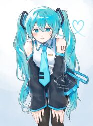 1girl absurdres aqua_eyes aqua_hair aqua_necktie bare_shoulders black_skirt black_sleeves black_thighhighs collar commentary cowboy_shot detached_sleeves hair_ornament hands_on_own_knees hatsune_miku highres leaning_forward light_smile long_hair necktie number_tattoo simple_background skirt solo tattoo thighhighs twintails very_long_hair vocaloid wandu_mook