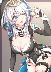 1girl absurdres belt black_gloves black_hood black_leotard blue_eyes breasts cipher_(honkai:_star_rail) cleavage coin commentary_request fang fingerless_gloves gloves gold_coin grey_hair highres holding holding_coin honkai:_star_rail honkai_(series) large_breasts lawgdrawingworkshop leotard mole mole_on_breast short_hair_with_long_locks skin_fang solo thigh_belt thigh_strap thighs yellow_nails