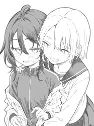 2girls absurdres black_hair blonde_hair blush character_request commentary_request copyright_request flat_chest greyscale highres hug hug_from_behind long_hair medium_hair messy_hair monochrome multiple_girls nervous open_mouth school_uniform serafuku simple_background smile sweat tohu_sand track_suit white_serafuku zipper