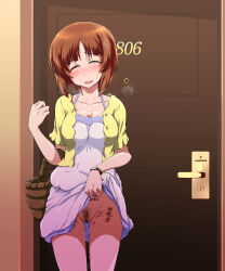1girl after_vaginal aftersex basket blush body_markings body_writing breasts brown_eyes brown_hair cleavage closed_eyes clothes_lift collarbone commentary_request door door_handle door_lock dress dress_lift empty_eyes girls_und_panzer halter_dress halterneck highres holding holding_basket holding_picnic_basket implied_sex jacket kabutowari looking_at_viewer nishizumi_miho no_panties open_mouth picnic_basket pubic_hair pussy_juice shirt short_dress short_hair short_sleeves solo spaghetti_strap sundress sweat sweatdrop tally textless_version watch white_dress wristwatch yellow_jacket yellow_shirt