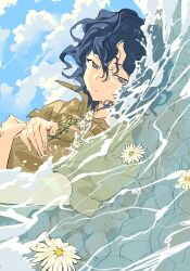 1boy blue_hair blue_sky brown_shirt closed_mouth cloud cloudy_sky commentary daisy_(flower) day english_commentary expressionless flower grey_eyes hair_between_eyes highres holding holding_flower icefefe lying male_focus on_back outdoors partially_submerged saibou_shinkyoku shirt short_hair short_sleeves sky solo utsugi_noriyuki white_flower