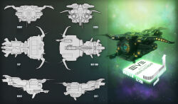 3d commentary concept_art copyright_name destroyer_(eve_online) eve_online gallente_federation_(eve_online) glowing green_theme highres larkbeef logo military military_vehicle multiple_views nebula no_humans original sky space spacecraft star_(sky) starry_sky thrusters vehicle_focus zbrush_(medium)