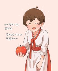 1girl ahoge apple breasts brown_hair cabbage_(chlehd2239) closed_eyes collarbone cowboy_shot dot_nose double-parted_bangs food fruit hanbok highres holding holding_food holding_fruit idolmaster idolmaster_million_live! idolmaster_million_live!_theater_days incoming_food jeogori_(clothes) kinoshita_hinata korean_clothes korean_text light_blush open_mouth pink_background red_skirt short_hair simple_background skirt sleeves_rolled_up small_breasts smile solo translation_request white_hanbok