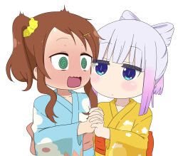 Rule 34 | 2girls, absurdres, alechon, blue eyes, blush, brown hair, green eyes, hair ornament, hair scrunchie, highres, holding hands, interlocked fingers, japanese clothes, kanna kamui, kimono, kobayashi-san chi no maidragon, looking at another, multiple girls, open mouth, purple hair, saikawa riko, scrunchie, wavy mouth, yukata, yuri