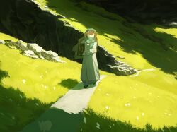 Rule 34 | 1girl, :/, absurdres, beret, black shoes, blue eyes, blue hat, blue scarf, brown hair, carrying, carrying under arm, dress, full body, grass, hat, highres, holding, holding suitcase, kubu fugu, long hair, looking to the side, marcus (reverse:1999), outdoors, path, reverse:1999, road, rock, scarf, shade, shoes, solo, standing, suitcase, very long hair, white dress