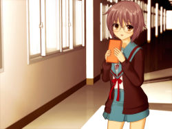 00s 1girl 3d brown_eyes brown_hair cardigan female_focus glasses hallway hokusen indoors nagato_yuki school_uniform serafuku short_hair smile solo suzumiya_haruhi_no_yuuutsu
