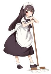1girl alternate_costume apron back_bow black_dress blunt_bangs bow brown_shoes collared_apron dress enmaided frilled_apron frills highres holding holding_mop invisible_floor keibi_inu layered_sleeves loafers long_hair looking_at_viewer maid maid_apron maid_headdress matsumoto_rise mop red_eyes shoes short_sleeves simple_background smile socks solo standing tareme white_apron white_background white_socks yuruyuri