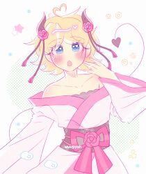 1boy absurdres ahoge bare_shoulders blonde_hair blush collarbone crossdressing demon_boy demon_horns demon_tail dot_nose flower heart heart_ahoge highres horns japanese_clothes kimono looking_at_viewer male_focus obi open_mouth pink_flower pink_kimono pink_ribbon ribbon rinrin_(wuvpyon) sash short_hair south_park star_(symbol) tail trap tweek_tweak upper_body watermark wide_sleeves