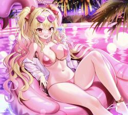 1girl absurdres ankle_strap armpits bare_shoulders bikini blonde_hair breasts cleavage cocktail_glass commentary_request commission cup demonia_(hiyono) drinking_glass eyewear_on_head gradient_hair hair_ribbon hand_up heart heart-shaped_eyewear highres holding holding_cup inflatable_raft jacket konana_(artmug) korean_commentary large_breasts long_hair looking_at_viewer multicolored_hair navel off_shoulder open_clothes open_jacket open_mouth original pink_bikini pink_hair pink_liquid pool red_eyes ribbon second-party_source smile solo stomach string_bikini sunglasses swimsuit thighs two-tone_hair two_side_up very_long_hair wet white_jacket