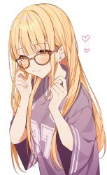 1girl absurdres blonde_hair blush brown-framed_eyewear closed_mouth commentary_request fujita_kotone gakuen_idolmaster glasses hands_up heart highres idolmaster long_hair looking_at_viewer number_print print_shirt purple_shirt shirt short_sleeves simple_background smile solo upper_body usamimikurage white_background wide_sleeves yellow_eyes