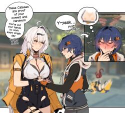 2girls absurdres animal_ears belle_(zenless_zone_zero) black_gloves black_nails black_shirt black_shorts blue_nails blurry blurry_background blush breasts censored cleavage closed_eyes closed_mouth commentary english_commentary english_text fingerless_gloves gloves highres holding_hands jacket ju_fufu large_breasts long_hair looking_at_breasts mosaic_censoring multiple_girls nervous_sweating orange_gloves orange_jacket shirt shorts single_glove sleepy_kaslana smile speech_bubble sweat twitter_username white_hair yixuan_(zenless_zone_zero) yuri zenless_zone_zero