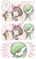 1girl artist_name bob_cut bow brown_fur brown_hair closed_eyes colored_skin emphasis_lines furret gardevoir gen_2_pokemon gen_3_pokemon green_hair green_skin hair_bow hair_over_one_eye highres may_(pokemon) muku_jirushi multicolored_skin nintendo pink_eyes pokemon pokemon_(creature) pokemon_oras red_bow speech_bubble two-tone_skin white_skin
