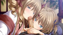 1boy 2girls akane_(kunado_kokuki) aoi_(kunado_kokuki) asahina_hikage blonde_hair blue_eyes blue_ribbon blurry blurry_background bow censored cooperative_fellatio drill_hair fellatio game_cg hair_between_eyes hair_bow hair_ribbon half-closed_eyes indoors japanese_clothes kimono kunado_kokuki long_hair long_sleeves looking_at_viewer mosaic_censoring multiple_girls oral penis red_bow ribbon short_hair siblings sisters teamwork_(sexual) twin_drills twins white_kimono