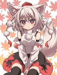 1girl :&lt; absurdres animal_ears autumn_leaves azumi_haruhito bare_shoulders black_thighhighs blush breasts detached_sleeves hat highres inubashiri_momiji large_breasts leaf looking_at_viewer maple_leaf pom_pom_(clothes) red_eyes red_hat ribbon-trimmed_sleeves ribbon_trim shirt short_hair sitting skirt solo tail thighhighs tokin_hat touhou white_hair wolf_ears wolf_girl wolf_tail