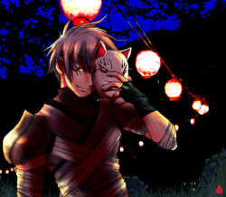 1boy armor assassin_(ragnarok_online) bandages bandages_over_clothes black_gloves blue_sky closed_mouth commentary_request fingerless_gloves fox_mask gloves grass grey_hair holding holding_mask lantern looking_at_viewer makishi_yaichi male_focus mask night paper_lantern pauldrons purple_shirt ragnarok_online red_eyes shirt short_hair shoulder_armor sky sleeveless sleeveless_shirt smile solo upper_body