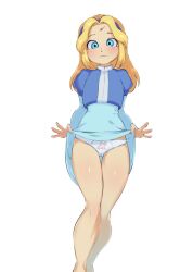 blonde_hair blue_dress blue_eyes blush chromodomo clothes_lift clothes_writing dress english_text highres loli maria_robotnik panties pantyshot scar scar_on_face scar_on_forehead skirt skirt_lift sonic_(series) sonic_adventure_2 underwear white_panties