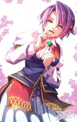 1girl ascot brooch dated dress eiyuu_densetsu hair_between_eyes hair_ornament highres jewelry juliet_sleeves kloe_rinz long_sleeves looking_at_viewer open_mouth parted_bangs puffy_sleeves purple_eyes purple_hair short_hair signature smile solo sora_no_kiseki tinybiard twitter_username