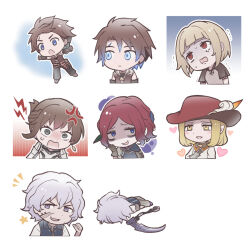 3boys 3girls :d :o :| anger_vein blonde_hair blue_eyes chibi chibi_only closed_mouth cropped_torso drag-on_dragoon drag-on_dragoon_2 elf eris_(drag-on_dragoon_2) faceplant facial_scar fingerless_gloves gloves glowing glowing_eyes grey_eyes hanch hand_on_own_chest hat heart lying manah medium_hair miichinori multiple_boys multiple_girls multiple_views notice_lines nowe on_stomach open_mouth pointing pointing_at_self pointy_ears purple_eyes red_eyes red_hair red_hat scar scar_across_eyebrow scar_on_cheek scar_on_face shaded_face shaking short_hair smile sweat turn_pale urick yaha_(drag-on_dragoon_2) yellow_eyes