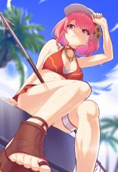 Rule 34 | 1girl, absurdres, bare shoulders, bikini, braid, breasts, brown sandals, cleavage, fire emblem, fire emblem engage, fire emblem heroes, flat cap, flower, from below, harpoon, hat, highres, jewelry, keldancon, lapis (fire emblem), lapis (forager of the sea) (fire emblem), medium breasts, multicolored bikini, necklace, nintendo, official alternate costume, open mouth, outdoors, palm tree, pink eyes, pink hair, red bikini, sandals, short hair, sideboob, sitting, solo, stomach, sunflower, sweat, sweatdrop, swimsuit, thighlet, tree, two-tone hat, white hat