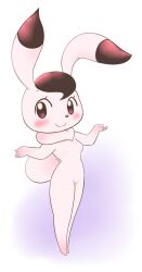 1girl animal_ears black_hair blush bokko_(wonder_three) breasts brown_eyes commentary_request completely_nude dewlap full_body furry furry_female looking_at_viewer nude rabbit_ears rabbit_girl rabbit_tail short_hair shortstack simple_background small_breasts smile solo standing tail variant_set white_background white_fur wonder_three yamanokonza