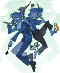 1boy 1girl animification anti-cosmo anti-wanda barefoot blue_hair blue_skin blue_suit colored_skin crown demon_boy demon_wings fangs fish floating_hat food food_on_face formal_clothes full_body green_background green_eyes hat highres holding holding_wand holding_with_feet looking_at_viewer mini_hat mini_top_hat monocle open_mouth pink_eyes pointy_ears sandwich sg2907369 shirt short_hair solo suit the_fairly_oddparents top_hat very_short_hair wand wings