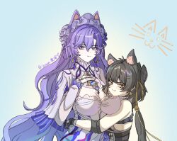 2girls :q animal_ear_fluff animal_ears bare_shoulders black_gloves black_hair breasts cantarella_(wuthering_waves) cat_ears chinese_commentary closed_mouth commentary commentary_request cropped dress earrings elbow_pads english_commentary female_rover_(wuthering_waves) gloves hair_between_eyes hair_ribbon headdress highres hug jewelry kemonomimi_mode korean_commentary large_breasts le_wen long_hair looking_at_viewer low_ponytail mixed-language_commentary multiple_girls nail_polish ponytail purple_eyes purple_hair purple_nails ribbon rover_(wuthering_waves) shrug_(clothing) smile tongue tongue_out very_long_hair white_dress white_shrug wuthering_waves yellow_eyes yellow_ribbon