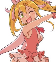 android arm_up armpits blonde_hair cowboy_shot diamond_(shape) dress frills gloves halloween_costume halloween_roll happy magical_girl mega_man_(classic) mega_man_(series) nobuyu_(77yusei) pink_dress ribbon roll_(mega_man) smile sweat torso twintails