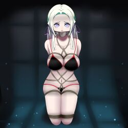 1girl bare_shoulders bdsm black_background black_panties blue_eyes blush bondage bound breasts brown_rope cleavage collarbone covered_mouth dankestofdans edelgard_von_hresvelg eyeliner female_focus fire_emblem fire_emblem:_three_houses gag gagged green_background hair_ornament hair_ribbon highres improvised_gag intelligent_systems kneeling large_breasts long_hair makeup navel nintendo panties purple_ribbon red_trim ribbon rope shiny_clothes shiny_skin sideboob solo tape tape_gag tape_on_mouth thick_thighs thighs underwear underwear_only white_hair