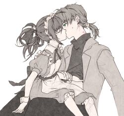 1boy 1girl absurdres alternate_costume alternate_hairstyle apron back_bow bow closed_eyes commentary_request couple dress face-to-face fate/samurai_remnant fate_(series) french_kiss from_side green_eyes hair_rings hand_under_clothes hickey highres jacket kiss korean_commentary long_sleeves looking_at_another maid maid_apron maid_headdress mixed-language_commentary miyamoto_iori_(fate) mul1062363 open_clothes open_jacket petite ponytail profile puffy_short_sleeves puffy_sleeves short_ponytail short_sleeves simple_background sitting sitting_on_person size_difference spot_color sweatdrop sweater white_background wrist_cuffs yamato_takeru_(fate)