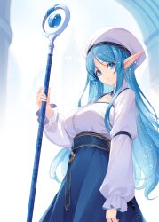 Rule 34 | 1girl, blue eyes, blue hair, blue skirt, breasts, clothing request, commentary request, detached collar, earrings, elf, gem, hat, holding, holding staff, jewelry, kirishima satoshi, large breasts, light smile, long hair, long pointy ears, looking at viewer, mage staff, original, pointy ears, shirt, skirt, solo, staff, very long hair, white hat, white shirt