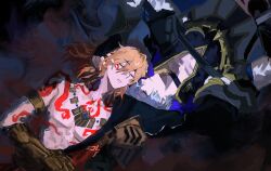 2boys absurdres afloat arm_tattoo armlet armor black_choker black_coat black_gloves black_shirt blonde_hair blue_eyes braid chest_tattoo chinese_commentary choker clawed_gauntlets closed_eyes coat commentary_request dark_persona earrings facial_tattoo fingerless_gloves flame_reaver_of_the_deepest_dark gloves gold_earrings gold_necklace gradient_hair hair_between_eyes hand_on_another&#039;s_head heads_together highres honkai:_star_rail honkai_(series) hood hood_up jewelry male_focus medium_hair multicolored_hair multiple_boys mydei_(honkai:_star_rail) necklace open_clothes open_coat pauldrons phainon_(honkai:_star_rail) red_hair red_tattoo shirt short_hair shoulder_armor side_braid single_pauldron tattoo toned toned_male wet wet_clothes wet_hair white_coat white_hair yuanqiu52024