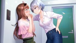 2girls blue_eyes blue_pants blush breast_pocket breasts brown_hair cleavage closed_mouth collarbone collared_shirt cowboy_shot denim dress_shirt eye_contact fuzichoco game_cg green_skirt grey_hair hand_on_own_hip indoors jeans kabedon long_hair looking_at_another marie_mahler medium_breasts multiple_girls non-web_source official_art ohtori_ai open_mouth pants pink_shirt pinstripe_pattern pinstripe_shirt pleated_skirt pocket profile purple_eyes shirt sideways_mouth skirt smile three-quarter_sleeves white_shirt yumeutsutsu_re:master yuri