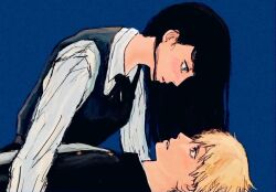 1boy 1girl black_dress black_hair blonde_hair blue_background chainsaw_man collared_shirt denji_(chainsaw_man) dress eye_contact fourth_east_high_school_uniform gakuran grey_eyes long_hair long_sleeves looking_at_another lying mitaka_asa on_back pinafore_dress red_eyes school_uniform shirt short_hair sky8bow sleeveless sleeveless_dress white_shirt