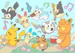 absurdres black_eyes closed_eyes closed_mouth dedenne drum drumsticks emolga flower flute gen_1_pokemon gen_3_pokemon gen_4_pokemon gen_5_pokemon gen_6_pokemon gen_7_pokemon gen_8_pokemon highres instrument maracas minun morpeko morpeko_(full) mouth_hold musical_note nintendo no_humans open_mouth orange_hair pachirisu pawmot pikachu plusle pokemon pokemon_(creature) smile togedemaru tokkaridouru trumpet violin