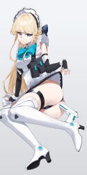 1girl absurdres apron bare_shoulders black_dress black_gloves black_panties blonde_hair blue_archive blue_bow blue_eyes boots bow dress elbow_gloves fingerless_gloves gloves hair_bow hairband high_heel_boots high_heels highres long_hair looking_at_viewer maid maid_apron maid_headdress official_alternate_hairstyle panties porcelainsphere short_dress sidelocks solo thigh_boots thigh_strap toki_(blue_archive) underwear white_apron white_boots white_hairband