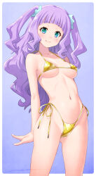 Rule 34 | 1girl, aqua eyes, bikini, blue background, breasts, commentary request, ellee-chan, gold bikini, gradient background, highres, hirogaru sky! precure, kazuma muramasa, long hair, looking at viewer, medium breasts, navel, precure, purple hair, smile, solo, standing, swimsuit, two side up