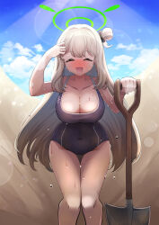Rule 34 | 1girl, :d, absurdres, black one-piece swimsuit, blue archive, blue sky, blush, breasts, brown hair, cleavage, closed eyes, cloud, collarbone, commentary request, competition school swimsuit, covered navel, day, drawing rak, foreclosure task force (blue archive), gluteal fold, green halo, halo, highres, hot, large breasts, lens flare, long hair, nonomi (blue archive), one-piece swimsuit, open mouth, outdoors, sand, school swimsuit, shovel, sky, smile, solo, standing, sweat, swimsuit, thighs, wet