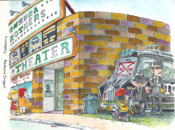 1girl 4boys akahanadragon balloon baseball_cap bicycle blonde_hair brick brick_wall building can drink_can facial_hair fedora full_body glasses grate hand_in_pocket hat looking_at_another mother_(series) mother_2 motor_vehicle multiple_boys mustache necktie ness_(mother_2) nintendo outdoors poster_(object) red_hair riding riding_bicycle shirt shorts sidewalk sign smile soda_can striped_clothes striped_shirt sunglasses theater tonzura_brothers trash_can van window