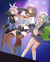 3girls :d ;d absurdres arm_up bare_legs bare_shoulders beret black_gloves black_jacket blonde_hair blue_bow blue_eyes blush boots bow breasts brown_eyes brown_hair detached_sleeves elbow_gloves fingerless_gloves full_body girls&#039;_frontline girls&#039;_frontline_2:_exilium gloves grin hair_between_eyes hair_bow hair_ornament hair_ribbon hairband hairclip hand_up hat highres idol jacket k2_(girls&#039;_frontline) knees_together_feet_apart long_hair looking_at_viewer medium_breasts microskirt midriff miniskirt mk_xlviii multiple_girls music navel one_eye_closed open_clothes open_jacket open_mouth orange_scarf plaid_clothes plaid_skirt pleated_skirt ribbon scarf sharkry_(girls&#039;_frontline_2) shirt side_ponytail singing skirt small_breasts smile stage stage_lights standing thighhighs v v_over_mouth vepley_(girls&#039;_frontline_2) very_long_hair white_hairband white_ribbon white_shirt yoohee_(girls&#039;_frontline_2)