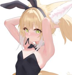1girl absurdres adjusting_hair animal_ear_fluff animal_ears arknights armpits bare_shoulders black_bow black_bowtie black_hairband black_leotard blonde_hair blush bow bowtie breasts commentary detached_collar english_commentary fake_animal_ears fox_ears green_eyes hair_between_eyes hair_ornament hairband highres leotard looking_at_viewer mouth_hold playboy_bunny presenting_armpit priquetrum rabbit_ears rabbit_hair_ornament simple_background small_breasts solo strapless strapless_leotard suzuran_(arknights) tail upper_body white_background