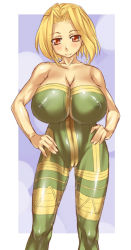 1girl artist_request bare_shoulders blonde_hair blush bodypaint breasts cameltoe cleavage covered_erect_nipples false_clothes female_focus final_fantasy final_fantasy_tactics hands_on_own_hips head_tilt huge_breasts inverted_nipples looking_at_viewer monk monk_(fft) nipples painted_clothes pussy_juice red_eyes short_hair smile solo thigh_gap thighs wet