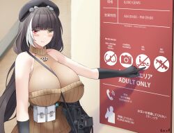 1girl beret between_breasts black_gloves black_hat blush breasts brown_hair cleavage closed_mouth colt_9mm_smg commentary english_commentary eotech girls&#039;_frontline girls&#039;_frontline_2:_exilium gloves gun_sling hat heterochromia highres huge_breasts indoors keenh looking_at_viewer multicolored_hair pointing pout ro635_(girls&#039;_frontline) robella_(girls&#039;_frontline_2) sign solo streaked_hair tearing_up two-tone_hair white_hair