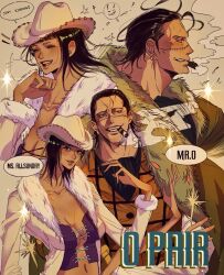 1boy 1girl ^_^ ascot black_ascot black_hair blunt_bangs blush closed_eyes coat coat_on_shoulders commentary cowboy_hat crocodile_(one_piece) cross-laced_clothes cross-laced_top hair_slicked_back hat highres laughing medium_hair nico_robin one_piece orange_vest rihirihi613 short_hair stitched_face stitches upper_body vest white_coat white_hat