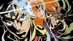 2boys anime_coloring beanie beard blonde_hair blue_bridal_gauntlets blue_eyes brown_hat cape chchdodududu commentary_request cowboy_hat facial_hair fake_screenshot flat_color goggles goggles_on_headwear gold_teeth green_cape grin gyro_zeppeli hat high_contrast highres horse_print johnny_joestar jojo_no_kimyou_na_bouken kamina_shades lens_flare long_hair male_focus medium_hair multiple_boys official_style parody parted_lips purple_shirt shirt smile star_(symbol) star_print steel_ball_(jojo) steel_ball_run style_parody teeth tengen_toppa_gurren_lagann white_hat