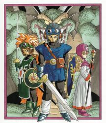1980s_(style) 1girl 2boys absurdres ankle_boots aqua_gloves aviator_cap belt black_bodysuit blue_eyes blue_tunic bodysuit boots border brown_belt cape colored_sclera commentary dragon dragon_quest dragon_quest_ii dress fanny_pack fins frown full_body gloves goggles goggles_on_head green_footwear green_tunic hair_between_eyes hand_up head_fins height_difference highres holding holding_staff holding_sword holding_weapon leg_warmers light_brown_hair lineup long_dress long_hair long_sleeves looking_at_viewer multiple_boys official_art oldschool orange_cape orange_hair pink_boots pink_border pink_turban prince_of_lorasia prince_of_samantoria princess_of_moonbrook red_eyes retro_artstyle scabbard scales serious sharp_teeth sheath sheathed shield sideways_glance smile spiked_hair staff standing sword teeth toriyama_akira tunic turban wavy_hair weapon white_border white_dress white_leg_warmers wings yellow_sclera