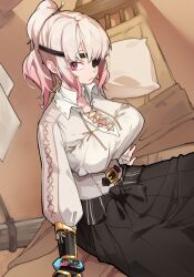 Rule 34 | 1girl, absurdres, artist request, black skirt, breasts, cleavage, closed mouth, commission, eyepatch, from side, gradient hair, highres, large breasts, long sleeves, looking at viewer, monster hunter (character), monster hunter (series), multicolored hair, one eye covered, pink eyes, pink hair, ponytail, second-party source, shirt, sitting, skirt, solo, vambraces, white shirt