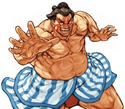 1boy capcom capcom_vs_snk_2 chonmage e._honda facepaint facing_viewer game_cg highres loincloth male_focus muscular muscular_male nishimura_kinu non-web_source official_art open_mouth outstretched_arm outstretched_hand solo street_fighter sumo teeth third-party_source topknot v-shaped_eyebrows veins veiny_arms white_background